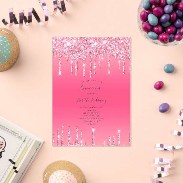Invitaciones Acrílicas Purpurina de goteo rosa Girly Trendy Quinceanera (Insitu (Celebración))