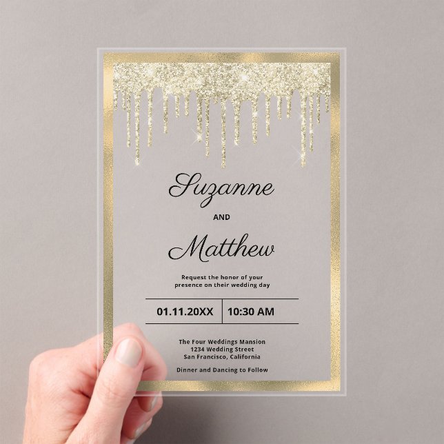 Invitaciones Acrílicas Purpurina de lujo de oro negro gotea Boda (Insitu (portátil))