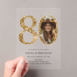 Invitaciones Acrílicas Purpurina de oro 80th Birthday Photo<br><div class="desc">plantilla de fiesta de fotos de Purpurina de oro por cumpleaños número 80. Elegante Personalizado de invitación de acrílico,  transparente,  personalizado,  fácil de personalizar.</div>