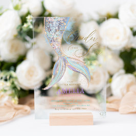 Invitaciones Acrílicas Purpurina de oro Mermaid Tail ONEder the Sea Birth
