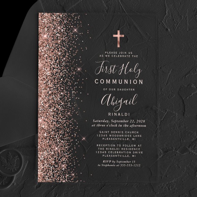 Invitaciones Acrílicas Purpurina de oro Rosa Texto rosa Primero Santa Com (Subido por el creador)