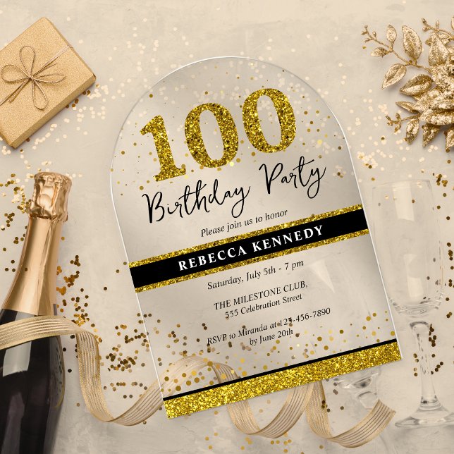 Invitaciones Acrílicas Purpurina de Oro y Negro 100 cumpleaños (Black And Gold Glitter 100th Birthday Party Acrylic Invitations)