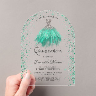 Invitaciones Acrílicas Purpurina de Plata Aqua Vestido Quinceañera Fiesta