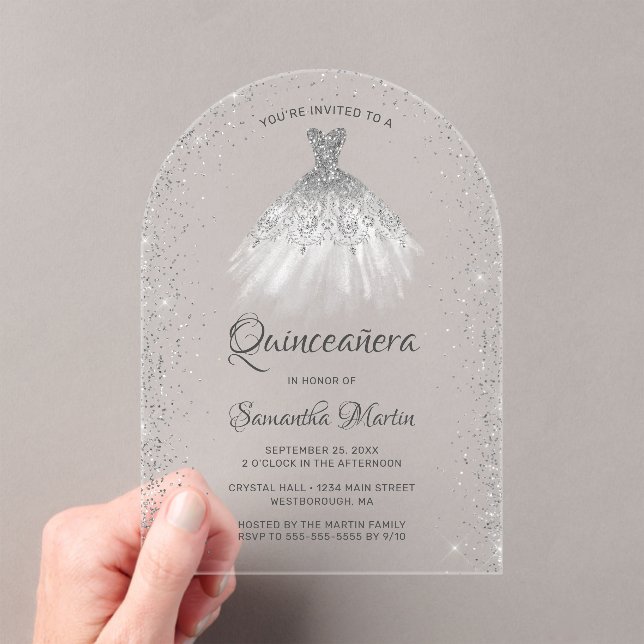 Invitaciones Acrílicas Purpurina de plata blanca vestida Fiesta Quinceañe (Insitu (portátil))
