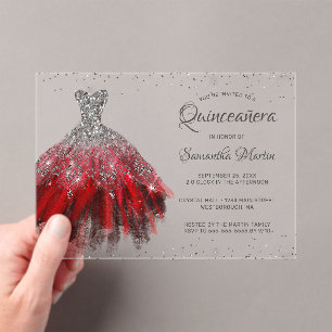 Invitaciones Acrílicas Purpurina de plata roja guión de vestir Quinceañer