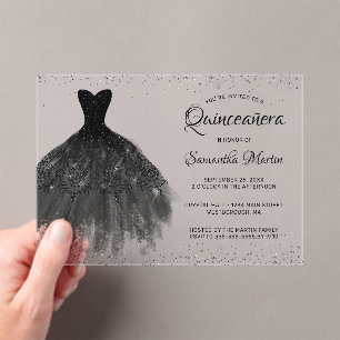 Invitaciones Acrílicas Purpurina negro guión de vestir Fiesta de Quinceañ