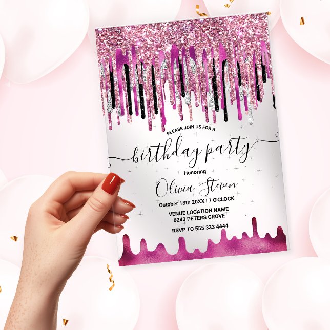 Invitaciones Acrílicas purpurina negro rosa de moda gotea monograma cumpl (Subido por el creador)