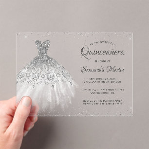 Invitaciones Acrílicas Purpurina plateado Guión de vestir Quinceañera Fie