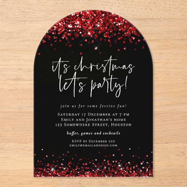 Invitaciones Acrílicas Purpurina rojo deja Navidades Fiestas negro acríli (Anverso)