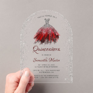 Invitaciones Acrílicas Purpurina rojo plateado guión de vestir Quinceañer