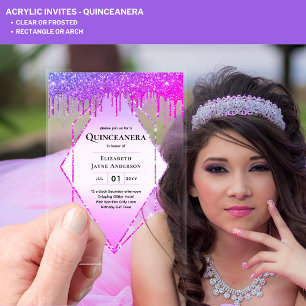 Invitaciones Acrílicas PURPURINA rosado de goteo púrpura de Quinceanera A