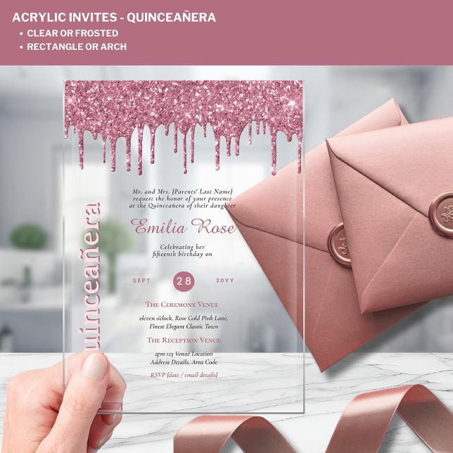 Invitaciones Acrílicas PURPURINA rosado de oro Rosa de Quinceanera ACRÍLI (Subido por el creador)