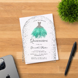 Invitaciones Acrílicas Purpurina Silver Aqua Vestido Quinceañera Fiesta