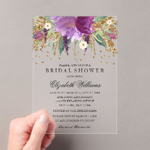 Invitaciones Acrílicas Purpurina Sparkling Floral Amethyst Bridal Shower