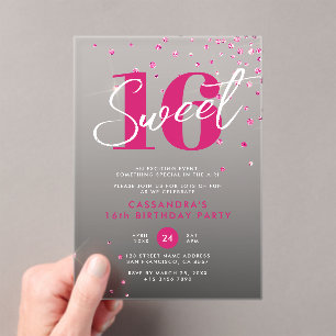Invitaciones Acrílicas Purpurinas rosados Sencillo dulce de cumpleaños 16