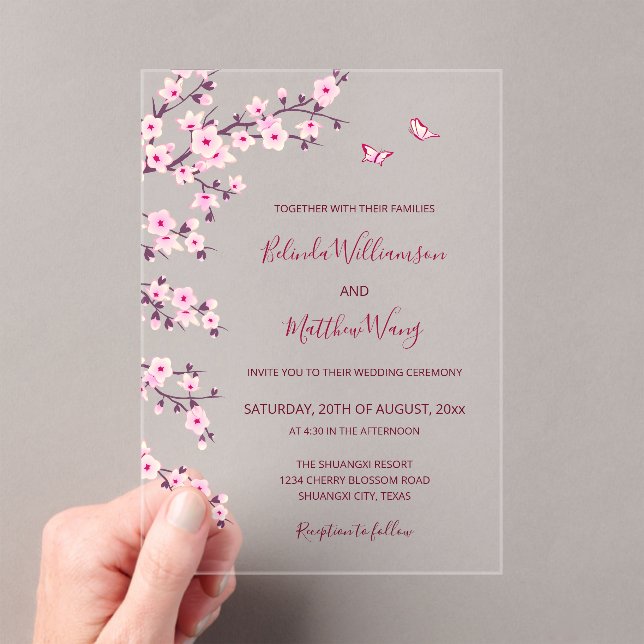 Invitaciones Acrílicas QR Code | Cherry Blossoms  Pink White Wedding (Insitu (portátil))