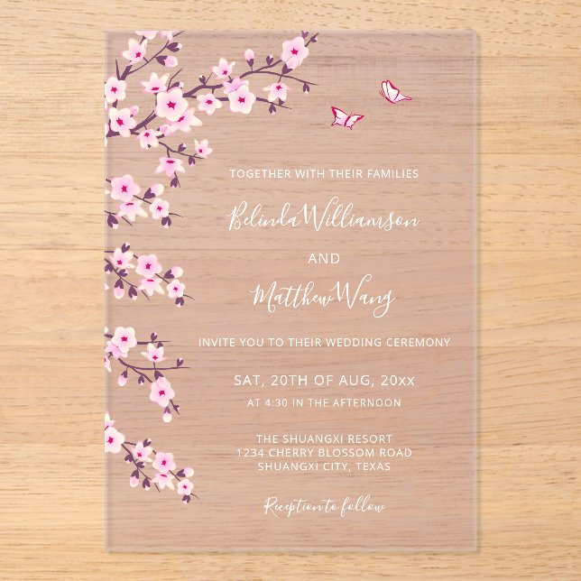 Invitaciones Acrílicas QR Code | Cherry Blossoms  Pink White Wedding (Anverso)