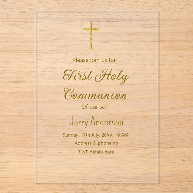 Invitaciones Acrílicas QR mínimo de la primera comunión santa católica (Anverso)