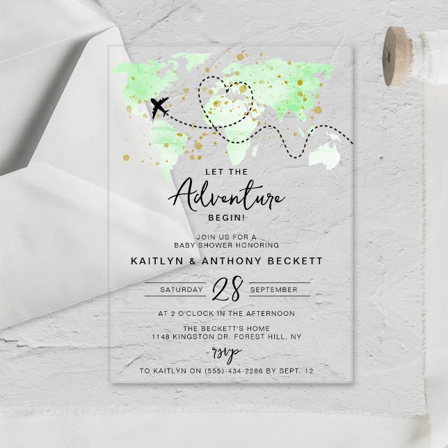 Invitaciones Acrílicas "¡Que comience la aventura!" Baby Shower de mapa d (Subido por el creador)