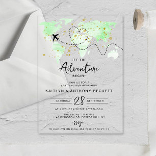 Invitaciones Acrílicas "¡Que comience la aventura!" Mapa de viaje para ba