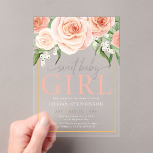 Invitaciones Acrílicas Querida Bebé Niña Rosa Elegante Floral Rosa Blush