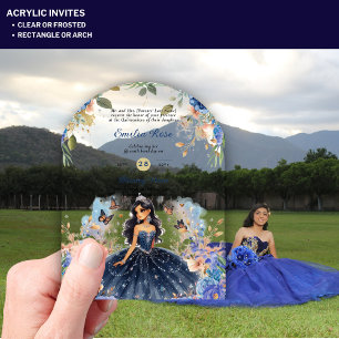 Invitaciones Acrílicas Quince de Vestido Floral Azul de Quinceanera