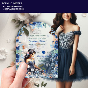 Invitaciones Acrílicas Quince de Vestido Floral Azul de Quinceanera