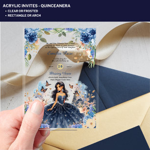Invitaciones Acrílicas Quince de Vestido Floral Azul de Quinceanera