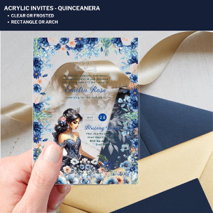 Invitaciones Acrílicas Quince de Vestido Floral Azul de Quinceanera