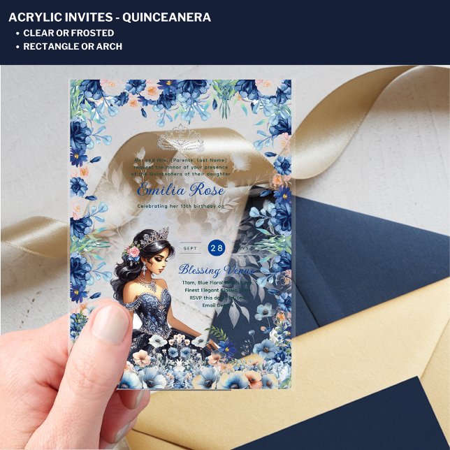 Invitaciones Acrílicas Quince de Vestido Floral Azul de Quinceanera (Subido por el creador)