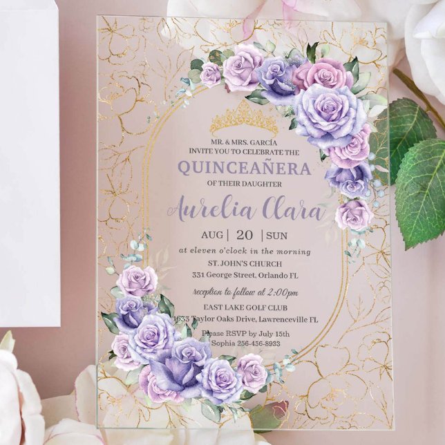 Invitaciones Acrílicas Quinceanera 16 15 Purple Lilac Floral Oro moderno (Subido por el creador)