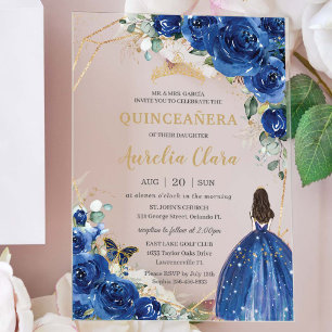 Invitaciones Acrílicas Quinceañera 16 Azul Real Floral Mariposas Doradas