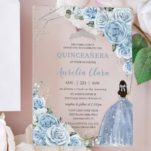 Invitaciones Acrílicas Quinceañera 16 Baby Blue Floral Princess Silver