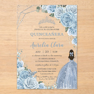 Invitaciones Acrílicas Quinceañera 16 Baby Blue Floral Princess Silver
