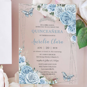 Invitaciones Acrílicas Quinceañera 16 Bebé Azul Floral Mariposas Plata