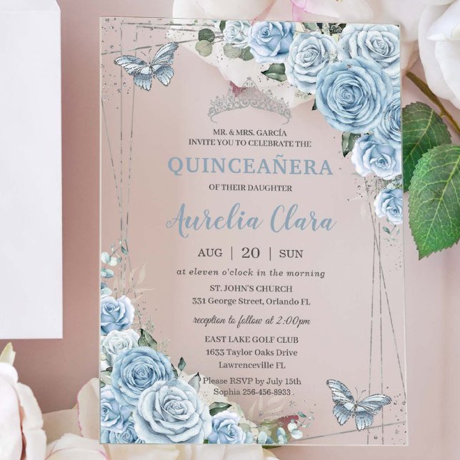 Invitaciones Acrílicas Quinceañera 16 Bebé Blue Floral Butterflies Plata (Subido por el creador)