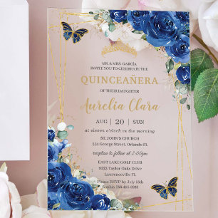 Invitaciones Acrílicas Quinceañera 16 Mariposas Royal Floral Gold