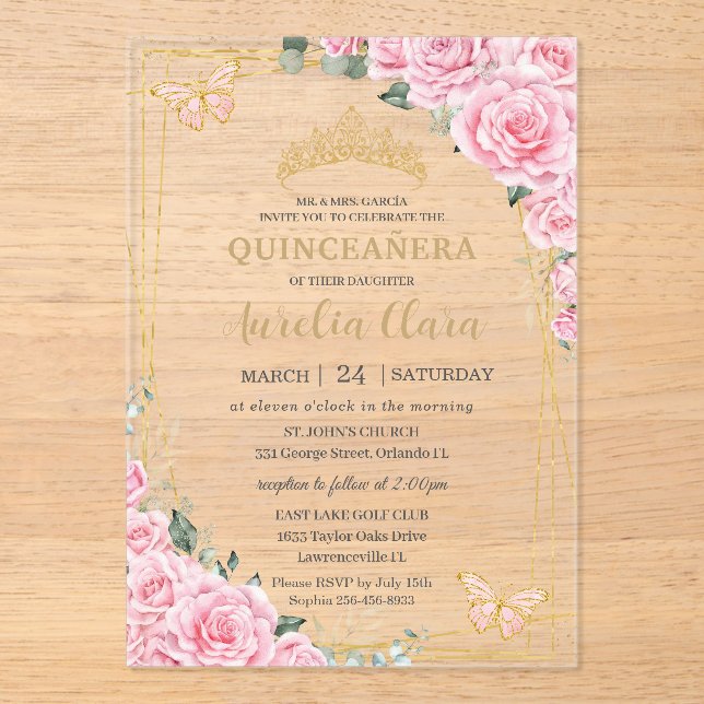 Invitaciones Acrílicas Quinceanera 16 Pink Roses Floral Gold Butterflies (Anverso)