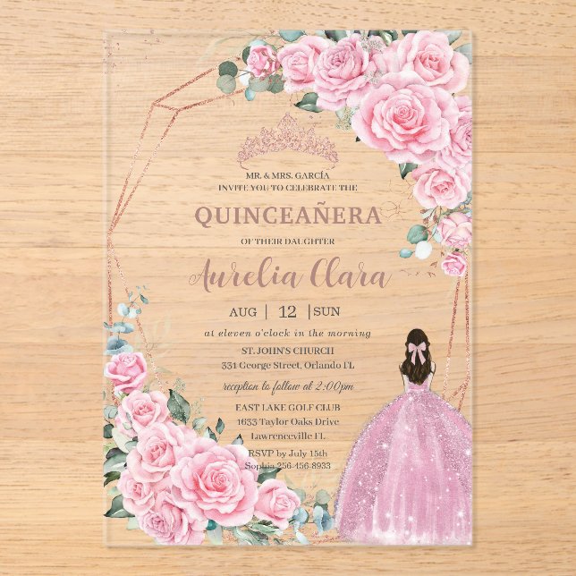 Invitaciones Acrílicas Quinceanera 16th Pink Floral Princess Rose Gold (Anverso)