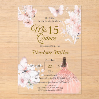 Invitaciones Acrílicas Quinceañera acrílica con mariposas rosadas florale