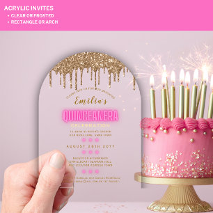 Invitaciones Acrílicas Quinceañera Acrílico Rosa Caliente Oro Glam Diva Q