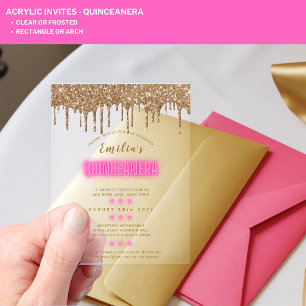Invitaciones Acrílicas Quinceañera Acrílico Rosa Caliente Oro Glam Diva Q