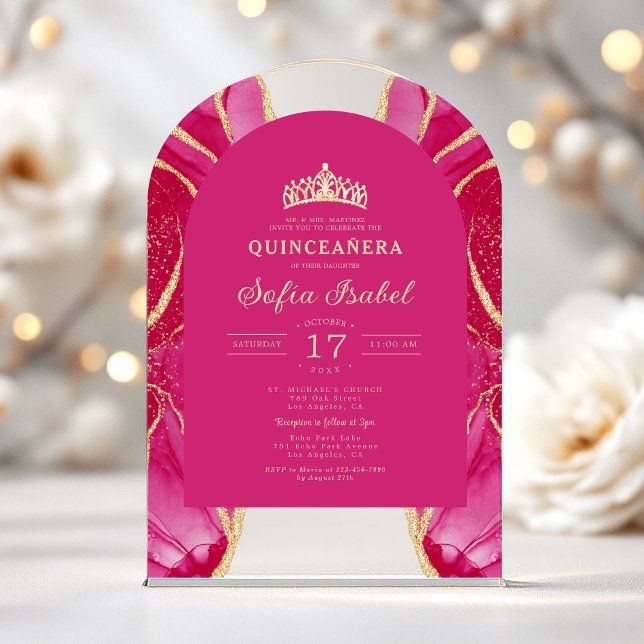 Invitaciones Acrílicas Quinceañera Agate de Oro Rosa Elegante (Subido por el creador)