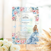 Quinceañera azul bebé rosa plata floral mariposa