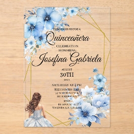 Invitaciones Acrílicas Quinceañera azul floral