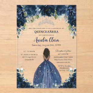 Invitaciones Acrílicas Quinceañera Azul Marino Floral Marrón Plateado Pri