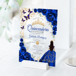Invitaciones Acrílicas Quinceañera Azul Real Floral Dorado
