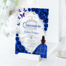 Quinceañera Azul Real Floral Plateado