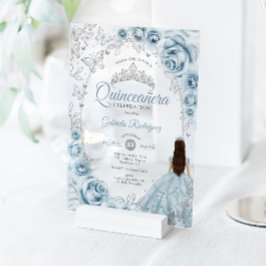 Invitaciones Acrílicas Quinceanera Baby Blue Silver Floral