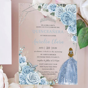 Invitaciones Acrílicas Quinceañera Baby Soft Blue Floral Princess Mis 15